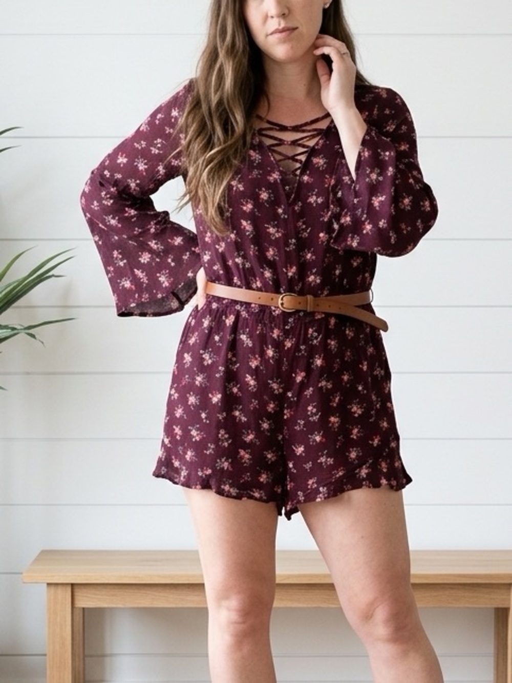 AE Viscose Burgundy Floral Lace-Up Romper Festival Coastal Cowgirl